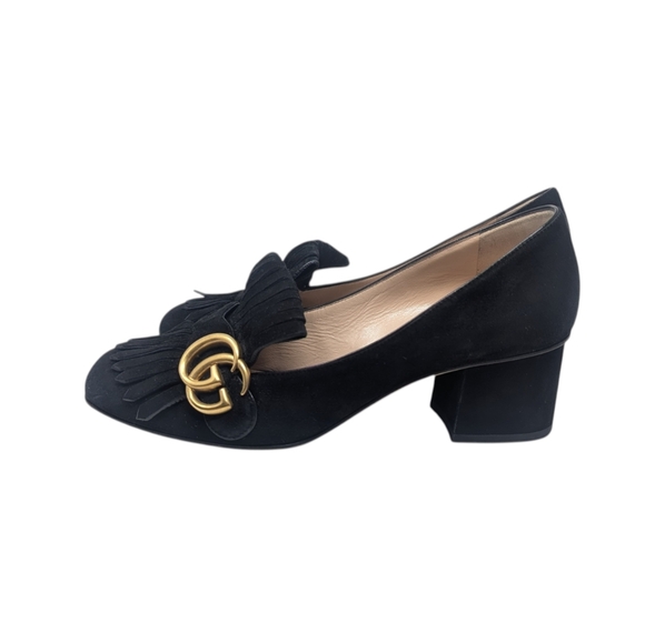Gucci Marmont Black Suede Fringe GG Block Heel Loafers Size EU 37.5 - Picture 3 of 13